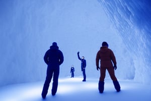 photo realistic space explorers standing in massive ice cave, cinestill, bokeh, volumetric lighting