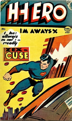 i need a hero!:0.5,
he says "I'm always ready!":0.6,
"ZeusEX Comic" small logo:0.4, "5$ only",
VintageMagStyle