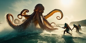 cinematic scene of a group of ( multiple spartans:1.3) fighting a giant octopus monster, very original, hyper realistic, best quality, ultra high resolution, cinematic ilghting, strong depth of field, god rays, dramatic composition, intense fighting masterpiece, very intricate, noir, colorful, original, impressive, outstanding,  lens flare, very clear, stunning sea background, 200mm, 64k, 4000dpi, (RAW, photo),Movie Still,greg rutkowski