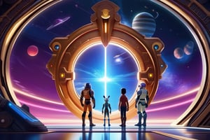 a beautiful concept 3 d disney, pixar characters, close up view of mirrorverse guardians in front of the portal opening, stellar mirror, anime, manga, hyper detailed, vibrant, landscape, 8 k hd, digital, art station, cg