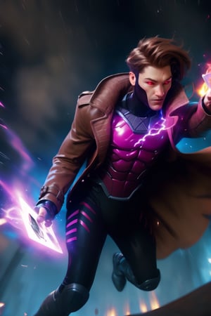 Gambit, Le Diablo Blanc, Remy Lebeau,  holding,weapon, bo staff,  holding weapon, coat, glowing, glowing eyes, card, trench coat, magic, specular highlights, ((high speed moves, visible air traces)), fast paced dynamic scene, 60fps, Marvel, Capcom, Ufotable, realistic holding staff movement, realistic throwing cards movement, realistic legs movement, realistic Gambit face head and hair movement, realistic clothes with exceptional dynamic movement, light motion blur, 3d, motiontrail,High detailed 