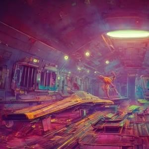 !dream arriving on a derelict space station, ominous, epic, wonderfully colorful, illustration, ink lines, accurate, weird, neon ink, clean, minimal, 8k, octane render