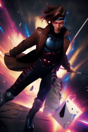 Gambit, Le Diablo Blanc, Remy Lebeau,  holding,weapon, bo staff,  holding weapon, coat, glowing, glowing eyes, card, trench coat, magic, specular highlights, ((high speed moves, visible air traces)), fast paced dynamic scene, 60fps, Marvel, Capcom, Ufotable, realistic holding staff movement, realistic throwing cards movement, realistic legs movement, realistic Gambit face head and hair movement, realistic clothes with exceptional dynamic movement, light motion blur, 3d, motiontrail,High detailed , gravity bending, fisheye lenses effect, reality distortion