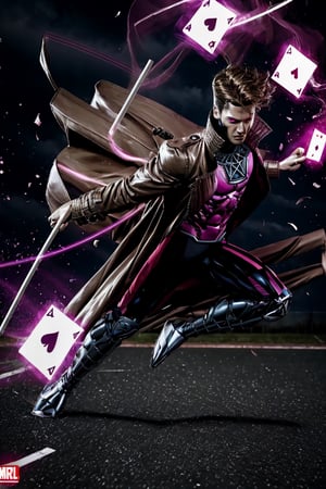 Gambit, Le Diablo Blanc, Remy Lebeau,  holding,weapon, bo staff,  holding weapon, coat, glowing, glowing eyes, card, trench coat, magic, specular highlights, ((high speed moves, visible air traces)), fast paced dynamic scene, 60fps, Marvel, Capcom, Ufotable, ,motiontrail