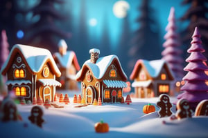 closeup of miniature gingerbread candy village, colorful, fantasy, fairytale, forest, halloween, snow, bokeh, depth of field 1 0 0 mm, cinematic scene, studio quality, unreal engine, octane render, trending on artstation,