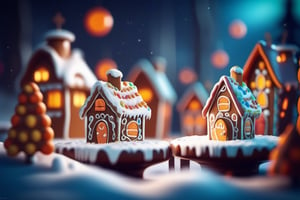 closeup of miniature gingerbread candy village, colorful, fantasy, fairytale, forest, halloween, snow, bokeh, depth of field 1 0 0 mm, cinematic scene, studio quality, unreal engine, octane render, trending on artstation,