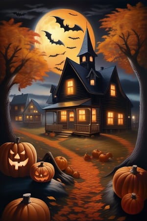 a hyperrealistic painting of a haunted autumn night village with halloween decorations invasion