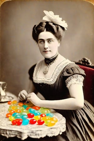 she surprised me with all those coloured sweets tasting like plastic, adult woman, victorian era, restored mild colors, restored very old photography, aged photography borders, 