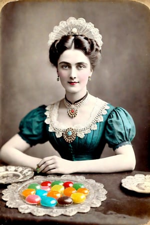 she surprised me with all those coloured sweets tasting like plastic, adult woman, victorian era, restored mild colors, restored very old photography, aged photography borders, 