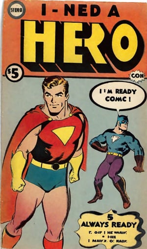 i need a hero!:0.5,
he says "I'm always ready!":0.6,
"ZeusEX Comic" small logo:0.4, "5$ only",
VintageMagStyle