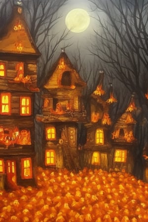 a hyperrealistic painting of a haunted autumn night village with halloween decorations invasion