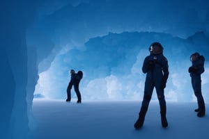 photo realistic space explorers standing in massive ice cave, cinestill, bokeh, volumetric lighting