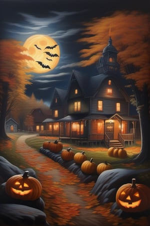 a hyperrealistic painting of a haunted autumn night village with halloween decorations invasion