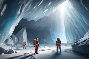 photo realistic space explorers standing in massive ice cave, volumetric lighting