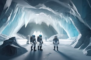 photo realistic space explorers standing in massive ice cave, volumetric lighting