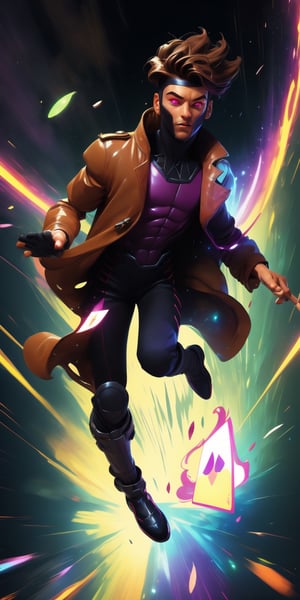 Gambit, Le Diablo Blanc, Remy Lebeau,  holding,weapon, bo staff, very tall, realistic legs movement, holding weapon, coat with realistic movement, glowing, glowing eyes, card, trench coat, magic, specular highlights, ((high speed moves, visible air traces)), fast paced dynamic scene, 60fps, Marvel, Capcom, Ufotable, realistic holding staff movement, realistic throwing cards movement, realistic legs movement, realistic Gambit face head and hair movement, realistic clothes with exceptional dynamic movement, light motion blur, 3d, motiontrail,High detailed , gravity bending, fisheye lenses effect, reality distortion
