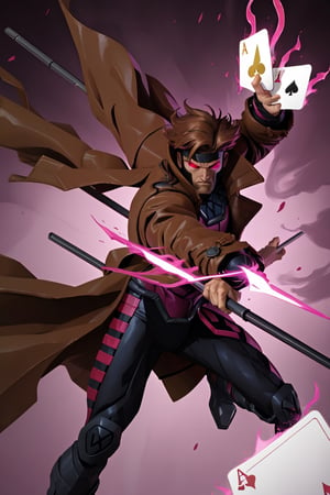 Gambit, Le Diablo Blanc, Remy Lebeau,  holding,weapon, bo staff,  holding weapon, coat, glowing, glowing eyes, card, trench coat, magic, specular highlights, 