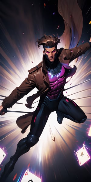 Gambit, Le Diablo Blanc, Remy Lebeau,  holding,weapon, bo staff, very tall, realistic legs movement, holding weapon, coat with realistic movement, glowing, glowing eyes, card, trench coat, magic, specular highlights, ((high speed moves, visible air traces)), fast paced dynamic scene, 60fps, Marvel, Capcom, Ufotable, realistic holding staff movement, realistic throwing cards movement, realistic legs movement, realistic Gambit face head and hair movement, realistic clothes with exceptional dynamic movement, light motion blur, 3d, motiontrail,High detailed , gravity bending, fisheye lenses effect, reality distortion