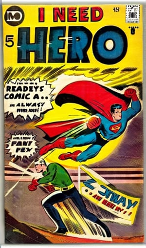 i need a hero!:0.5,
he says "I'm always ready!":0.6,
"ZeusEX Comic" small logo:0.4, "5$ only",
VintageMagStyle