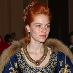 photo of a 20-year-old Renaissance noblewoman with an elaborate ginger hairstyle, thick eyebrows, green eyes, freckles, and thick lips. She is wearing a silk, patterned, blue tunic and a fur-trimmed cape.