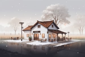 "A countryside-style cafe with a cozy ambiance in the evening, amidst a snowy rice field. Soft ambient lighting illuminates the interior of the building. The scene captures an authentic sense of nature, with a gentle mist and falling snow. The materials include exposed weathered plaster and white-painted walls with soft-toned stone accents, evoking a serene atmosphere." 