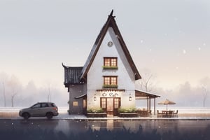 "A countryside-style cafe with a cozy ambiance in the evening, amidst a snowy rice field. Soft ambient lighting illuminates the interior of the building. The scene captures an authentic sense of nature, with a gentle mist and falling snow. The materials include exposed weathered plaster and white-painted walls with soft-toned stone accents, evoking a serene atmosphere." 