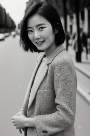 ultra-realistic black and white photo of a beautiful Asian woman, shot on a Sony a7III, on the street in Paris, emotive expressions, detailed, lifelike --ar 35:64 --stylize 750