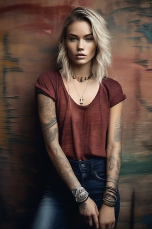 A beautiful woman, slender, tribal meets bohemian, tattoos, piercing, bohemian jewelry, modern, textured peeling wall in background, graphite, raw, gritty, dirty, mix of colors & materials, intricate, detailed, fashion photography,blonde woman,young,photorealism,