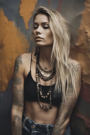 A beautiful woman, slender, tribal meets bohemian, tattoos, piercing, bohemian jewelry, modern, textured peeling wall in background, graphite, raw, gritty, dirty, mix of colors & materials, intricate, detailed, fashion photography,blonde woman,young,photorealism,