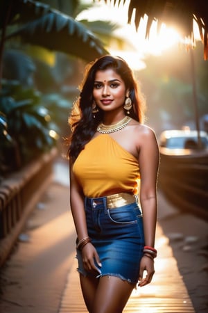 A sun-kissed Indian woman, 25 years old, struts confidently outside, her tight mini denim skirt clinging to her toned legs as she walks. Framed by the warm, earthy tones of the setting sun, her dark hair flows behind her like a river of night. The cinematic shot captures her profile in striking detail, with the camera positioned at a 45-degree angle to emphasize her figure. The lens captures every nuance of her features - the gentle curve of her cheekbones, the tilt of her nose, and the sparkle in her eyes. The background blurs into a soft focus, allowing the viewer's attention to remain fixed on the subject. The overall aesthetic is cinematic, with vibrant colors that evoke the rustic beauty of India.,Beautiful Indian girl,(((photorealism:1.4))),India 