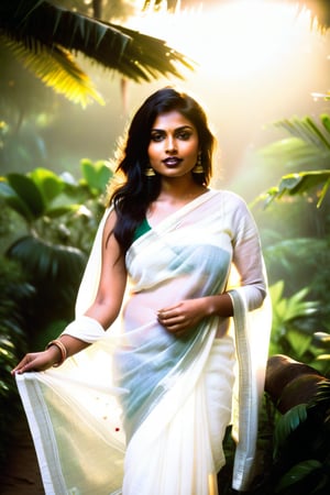 A serene Indian girl, 25 years young and stunning, stands amidst a lush Indian landscape, her ethereal features illuminated by soft, golden light. (((Photorealism: 1.4))). She gazes upward, her dark hair framing her heart-shaped face as she wraps herself in a diaphanous white sari, the fabric billowing behind her like mist.