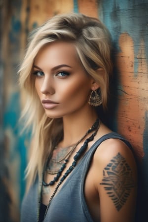 A beautiful woman, slender, tribal meets bohemian, tattoos, piercing, bohemian jewelry, modern, textured peeling wall in background, graphite, raw, gritty, dirty, mix of colors & materials, intricate, detailed, fashion photography,blonde woman,young,photorealism,