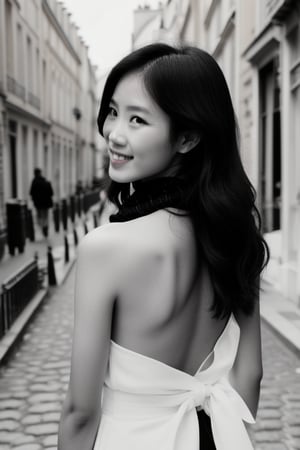 A stunning ultra-realistic (((black and white photograph))) of an exquisite Asian woman, captured on a Sony a7III, amidst the charming streets of Paris. The model's captivating features are showcased with emotive expressions, as she pauses on the cobblestone pavement. Framed by the iconic Eiffel Tower's silhouette in the distance, her detailed features shine like polished marble, lit by the soft afternoon sun casting long shadows. Her long black hair cascades down her back, and a delicate scarf wraps around her neck, adding an air of sophistication to this timeless portrait.