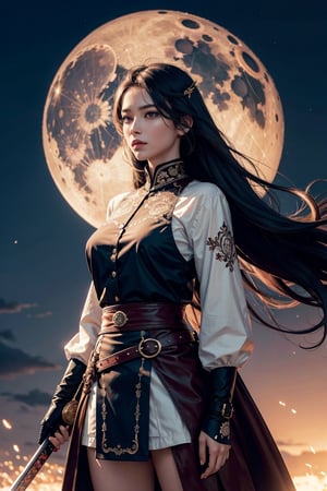 medium cowboy shot, (masterpiece, top quality, best quality, intricate detail, official art, beautiful and aesthetic:1.2), (1girl), ((hair flutter by wind)) ,menacing woman with a katana standing in the middle of a road, night time, large moon in the sky, by Cédric Peyravernay, excellent composition, dark british woman long hair, digital art, artstation