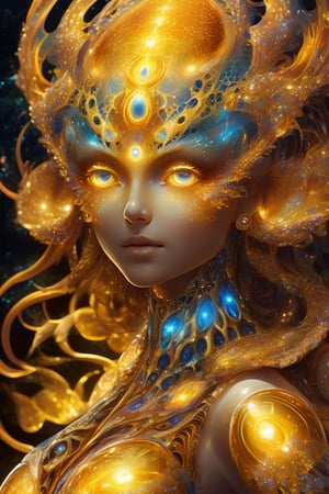 Photo of a beautiful majolica gold-creature with translucent scales emitting glowing cosmic energy and radiance with glowing fractal glass elements, awe inspiring sense of beauty, flawless masterpiece, UHD,  hyperdetailed face,  hyperdetailed eyes, bacteria art style, galaxy, wide_hips, 35mm digital photograph, sharp focus on face, amber glow, colorful rendition 