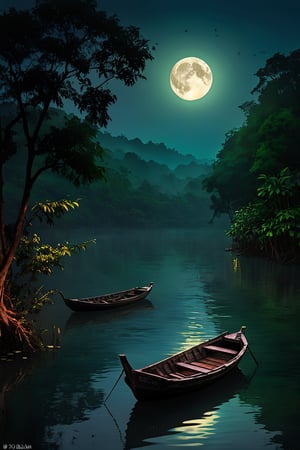 Three weathered wooden boats, devoid of any lights, drift silently upon the expansive river in Taiwan. The inky darkness of the night envelops them, casting an aura of mystery over their presence. Along the riverbanks, a dense jungle sprawls, its foliage adding an ominous and enigmatic backdrop to the scene.

Above, the full moon bathes the river in its ethereal glow, its silvery light shimmering upon the water's surface. The moonlight, while lending an eerie luminescence to the surroundings, also casts elongated shadows from the boats, intensifying the sense of isolation and seclusion.

The quietude is broken only by the occasional rustling of leaves from the jungle and the gentle lapping of water against the boats' sides. This haunting tableau of moonlit river, ancient vessels, and dense wilderness creates an atmosphere ripe with intrigue and possibility, where secrets may lurk just beyond the moon's luminous embrace.