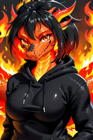 a female fire dragon in a black hoodie