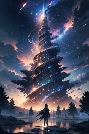 1girl, scenery, solo, sky, star sky, cloud, outdoors, standing, starry sky, fantasy, horizon, long hair, tree, light particles, water, very wide shot, from behind,
,masterpiece,ultra realistic,32k,extremely detailed CG unity 8k wallpaper, best quality,EpicSky