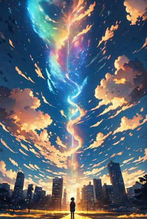 EpicSky, outdoors, sky, cloud, big tree, wings, day, fire, cloudy_sky, building, star_(sky),city_lights,lofi,AI_Misaki,lofi style,lofi anime