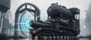 A cybernetic cyberpunk locomotive on rainy day (coming from a open magic portal in the background:1.4),
break,
break,
Noise: 50%,
break,
break,
(hyper future realistic style),
break,
break,
(Strength 6.0),
break,
break,
painting by jakub rozalski,
break,
break,
movie still, cinestill, ,greg rutkowski