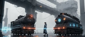 A cybernetic cyberpunk locomotive on rainy day (coming from a open magic portal in the background:1.4),
break,
break,
Noise: 50%,
break,
break,
(hyper future realistic style),
break,
break,
(Strength 6.0),
break,
break,
painting by jakub rozalski,
break,
break,
movie still, cinestill, ,greg rutkowski