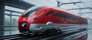 A plastic cyberpunk fiery red glassy locomotive on maglev trails on rainy day ,
break,
break,
Noise: 50%,
break,
break,
(hyper future realistic style),
break,
break,
(Strength 6.0),
break,
break,
movie still, cinestill, ,greg rutkowski