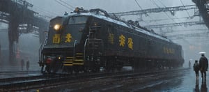 A cybernetic cyberpunk locomotive on rainy day (from alternate reality:1.4),
break,
break,
Noise: 50%,
break,
break,
(hyper future realistic style),
break,
break,
(Strength 6.0),
break,
break,
painting by jakub rozalski,
break,
break,
movie still, cinestill, ,greg rutkowski