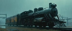 A cybernetic cyberpunk locomotive on rainy day (from alternate reality:1.4),
break,
break,
Noise: 50%,
break,
break,
(hyper future realistic style),
break,
break,
(Strength 6.0),
break,
break,
painting by jakub rozalski,
break,
break,
movie still, cinestill, ,greg rutkowski