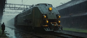 A cybernetic cyberpunk locomotive on rainy day (from alternate reality:1.4),
break,
break,
Noise: 50%,
break,
break,
(hyper future realistic style),
break,
break,
(Strength 6.0),
break,
break,
painting by jakub rozalski,
break,
break,
movie still, cinestill, ,greg rutkowski