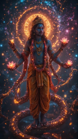 "Create an ultra-HD, highly detailed **horizontal portrayal of Lord Vishnu** in his **Chaturbhuj (four-armed) form**, with his serene and divine expression at the center of the composition. Vishnu, the preserver and protector of the universe, is depicted with a calm, benevolent face, radiating peace and divinity. His skin is a deep, cosmic blue, representing the infinite nature of the universe, and his eyes are soft yet full of wisdom, symbolizing his eternal vigilance over the cosmos. His crown, intricately detailed, shines with celestial gems, symbolizing his supreme authority over all creation.

In his four arms, each hand holds a significant object that represents his divine powers: the **Shankha (conch)** in his upper left hand, representing the primordial sound of creation, is glowing softly as if resonating through the cosmos. The **Sudarshana Chakra (discus)** in his upper right hand spins subtly, emitting radiant light that symbolizes the destruction of evil and the protection of righteousness. His lower right hand holds a **Gada (mace)**, its intricate designs symbolizing strength and power, ready to crush any forces of adharma (injustice). Finally, in his lower left hand, he holds the **Padma (lotus)**, a symbol of purity and spiritual liberation, the petals gently unfurling as if floating in the cosmic expanse.

The background of the image is a swirling, dynamic blend of **cosmic elements**, with nebulae, stars, and galaxies swirling around Vishnu, highlighting his role as the protector of the universe. The **Garuda**, Vishnu’s eagle mount, is faintly visible in the background, soaring through the stars, ready to carry his lord at a moment’s notice. Behind Vishnu, a soft golden aura emanates, blending seamlessly with the cosmic background, symbolizing his divine presence that pervades all of existence.

Vishnu’s attire is traditional, with a **rich golden dhoti**, intricately patterned and flowing gracefully in the cosmic wind. His body is adorned with celestial jewelry: bracelets, armlets, and a radiant necklace of **kaustubha gems** glowing with divine energy. Around his neck, the **Vaijayanti garland** of sacred flowers flows, adding a touch of earthly beauty to his celestial form. His **serpent Shesha**, with multiple heads, curls protectively behind him, its scales shimmering with cosmic light, symbolizing both infinite time and protection.

Each of Vishnu’s four hands is posed in a **balanced, graceful gesture**, showcasing his powers of creation, protection, and preservation. His serene face remains the central focus, with every detail—from the subtle curve of his lips to the divine glow in his eyes—capturing his role as the eternal preserver of the universe.

The **cinematic background** enhances the grandeur of Vishnu, with swirling clouds of stardust and vibrant hues of deep blues, purples, and golds representing the boundless universe he watches over. Soft rays of golden light cut through the cosmic backdrop, illuminating Vishnu’s form and casting a divine glow around him. The universe itself seems to pulse with life and energy, a visual representation of the cosmic cycle of creation, preservation, and destruction that Vishnu governs.

This **4K ultra-HD horizontal portrait** captures the majesty and divine power of Lord Vishnu in his **Chaturbhuj form**, blending **Indian mythology** with a **cinematic visual style**. Every aspect of Vishnu, from his serene face to his powerful weapons, is rendered in breathtaking detail, creating an awe-inspiring visual that conveys his eternal role as the protector and sustainer of the cosmos."