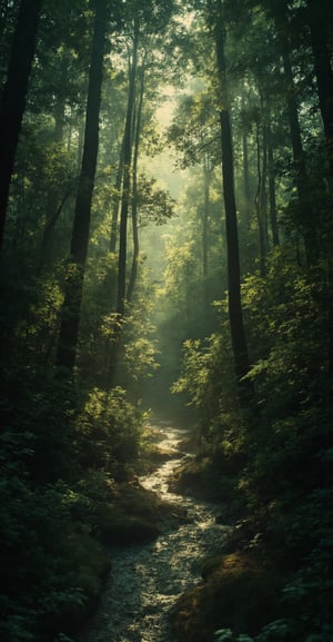 A cinematic wide-angle, ultra 4K HD wallpaper of an untouched, dense forest. Tall, ancient trees rise high, their branches intertwined, creating a natural canopy that allows rays of sunlight to filter through. The forest floor is lush with moss, ferns, and small streams winding through the underbrush. Light fog weaves between the trees, giving the scene an ethereal, mystical quality. The depth of the forest invites the viewer to explore, with layers of greenery stretching deep into the distance, symbolizing nature's serenity and untamed beauty.