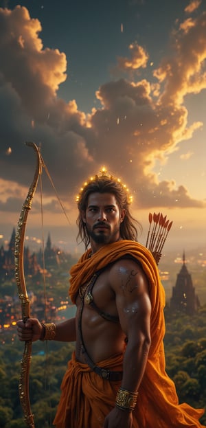 In this **cinematic ultra HD 4K** portrait, **Lord Ram** is depicted in a heroic and divine form, exuding strength, righteousness, and grace. His tall, muscular physique embodies the ideal **warrior-king**, with broad shoulders and a well-defined chest, draped in a flowing **saffron-colored dhoti** that billows gently in the wind. His face, calm yet filled with authority, is adorned with a golden **mukut** (crown) that gleams in the soft light, symbolizing his royal status. His sharp, noble features are framed by long, dark hair, and his eyes, deep and focused, reflect the virtues of **dharma** and compassion.

In his right hand, he firmly holds his iconic **dhanush** (bow), intricately detailed with ancient Indian carvings, while a quiver of arrows rests on his back, signifying his readiness to protect and uphold justice. His other hand rests gently by his side, creating a sense of poised power. **Lord Ram’s aura** glows with divine light, emphasizing his divine role as the protector of righteousness.

The background is a sweeping, cinematic landscape, with the **battleground of Lanka** visible in the distance, illuminated by the soft, golden hues of the setting sun. Ancient Indian temples and lush forests blend with the majestic sky, filled with swirling clouds, creating an epic backdrop. The entire scene, with its rich **Indian cultural essence**, is rendered in vivid detail, capturing the grandeur and heroic presence of **Lord Ram** in a truly cinematic style, blending tradition with a dynamic sense of action and divinity.