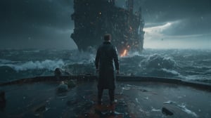 In this Nolan-esque ultra HD 4k shot, a man stands with his back to the camera on the deck of a massive ship that is slowly sinking into the ocean. Towering waves crash around him, the wind whips his coat, and the sky is filled with dark, stormy clouds. The ship creaks and groans, tilting as it succumbs to the ocean’s force. The man stands still, gazing out at the endless horizon as the ship goes down. The camera captures the intensity of the waves and the ship’s final moments, while the man’s figure remains resolute against the chaos. Every ripple in the ocean, every drop of water, and the tension in the scene are captured in breathtaking 4k resolution, adding to the feeling of impending doom and quiet strength.