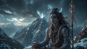 Lord Shiva is seated in a deep meditative pose atop a towering Himalayan peak, the cold wind sweeping through his ash-covered skin and dreadlocks. His face is serene, eyes half-closed, with the crescent moon resting on his head. The backdrop features immense snow-capped mountains and swirling clouds, blending with the horizon in Nolan-esque grandeur. His snake, Vasuki, is coiled around his neck, shimmering under the faint sunlight breaking through the stormy sky. The wide-angle shot captures the massive scale of the mountains against Shiva’s small yet powerful form, with intricate details in his trident, planted firmly beside him, radiating cosmic energy.